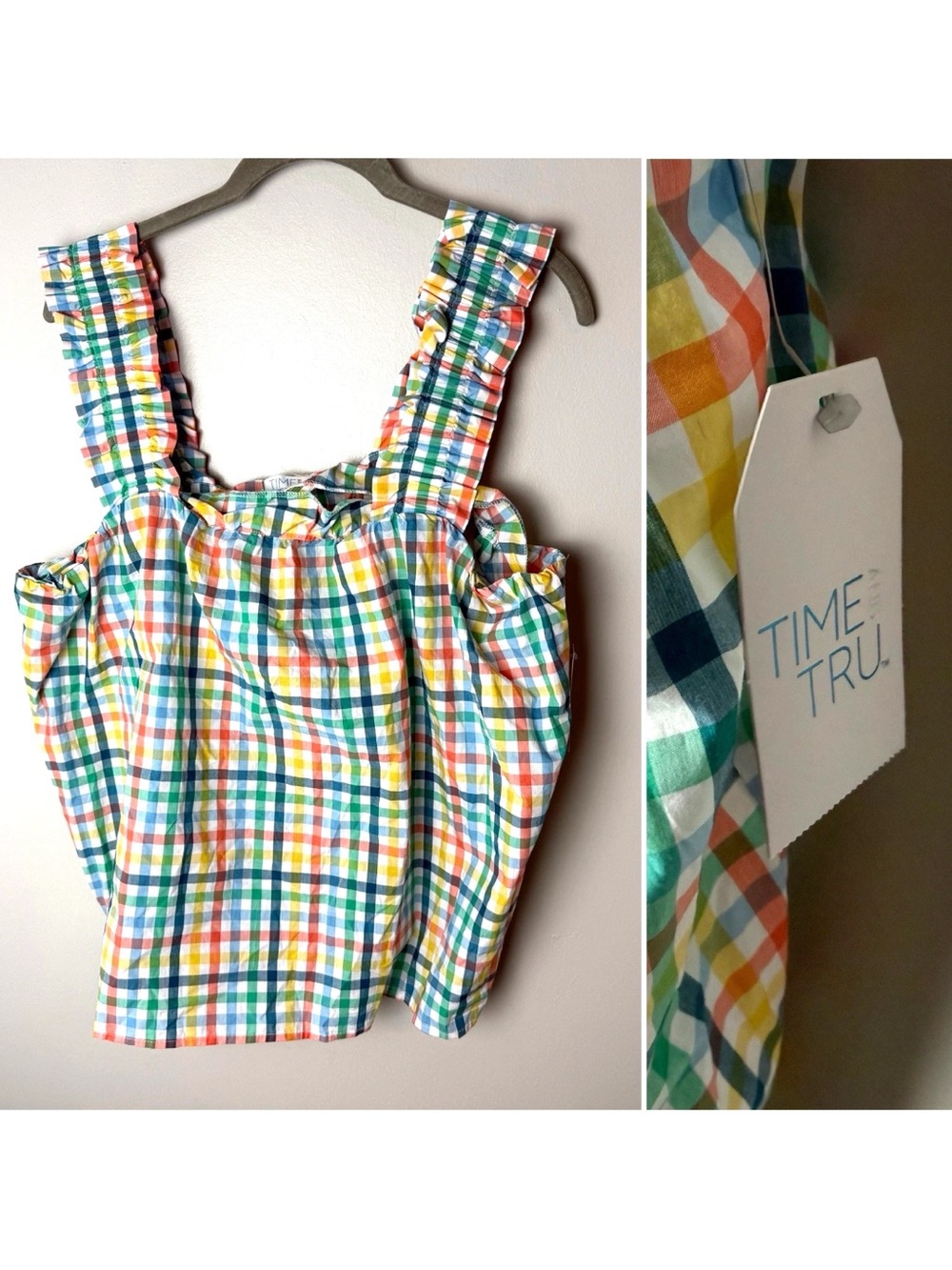 NEW Time and Tru Ruffle Strap Top Size XL Sleeveless Cotton Plaid Cottagecore